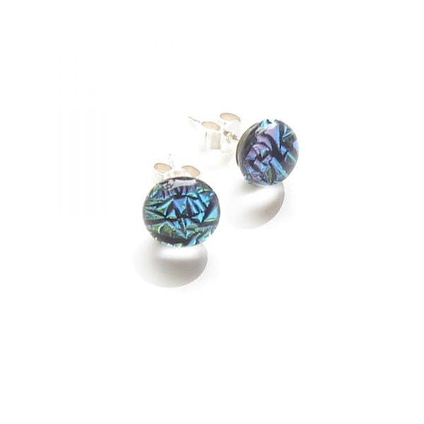Aqua Crinkled Dichroic Fused Glass Earrings. Dichroic Blue Green Fused Glass Stud Earrings
