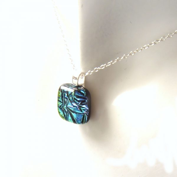 Small square blue green dichroic pendant