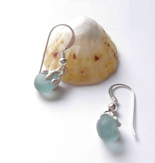 Aqua Sea Glass Coastal Inspired Silver Earrings, handmade in England.