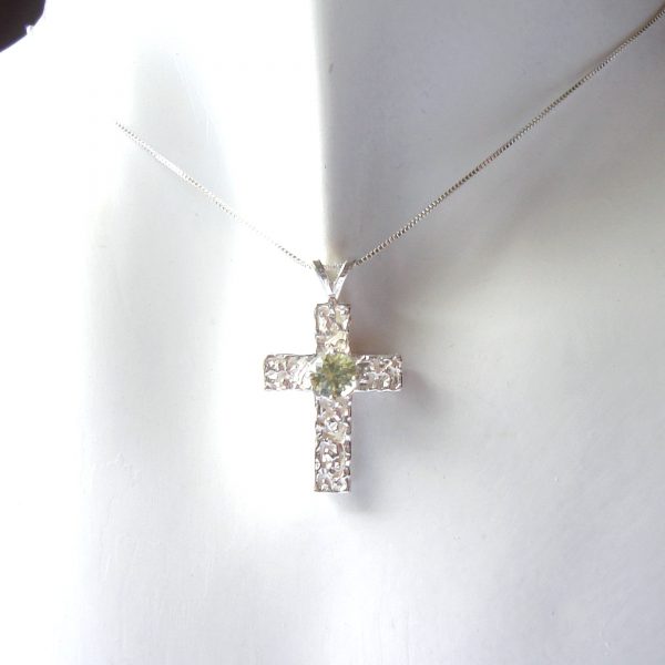 Textured silver cross necklace set with handcrafted light green natural Australian sapphire gemstone