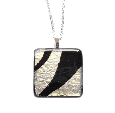 Black and Silver Large Fused Glass Pendant. Wearable art abstract fused glass necklace.