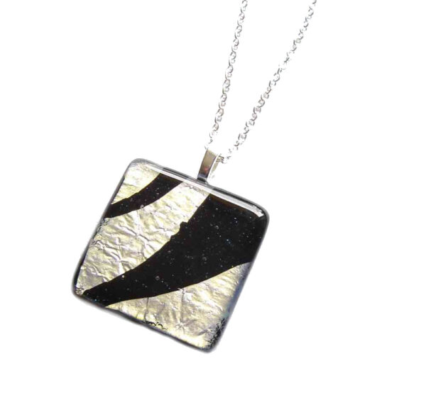 Black and Silver Large Fused Glass Pendant. Wearable art abstract fused glass necklace.