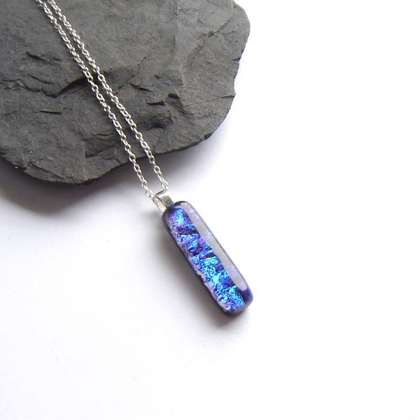 Dichroic cobalt blue and aqua fused glass rectangle necklace