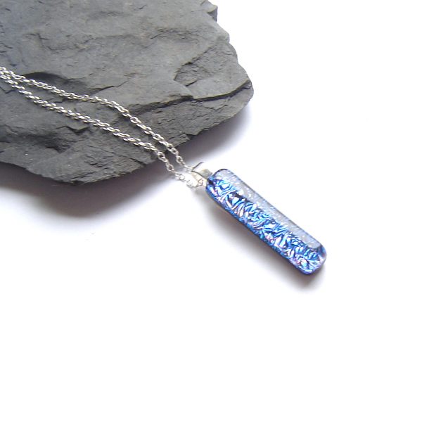 Blue Crinkled Dichroic Long Fused Glass Pendant