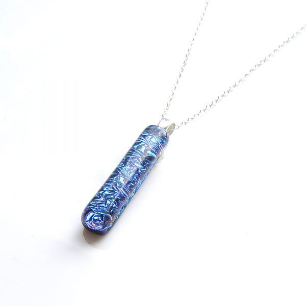 Blue Crinkled Dichroic Long Fused Glass Pendant