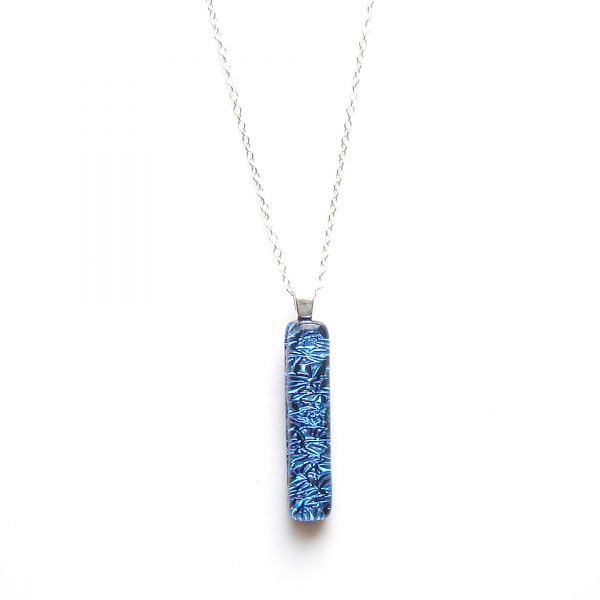 Blue Crinkled Dichroic Long Fused Glass Pendant