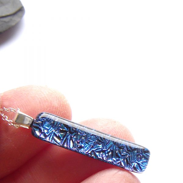 Blue Crinkled Dichroic Long Fused Glass Pendant