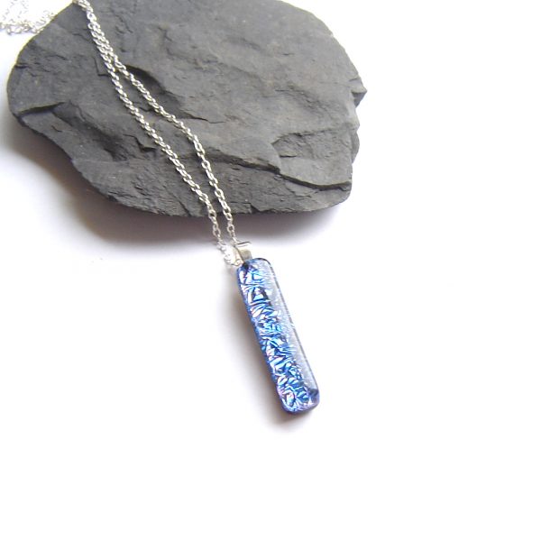 Blue Crinkled Dichroic Long Fused Glass Pendant