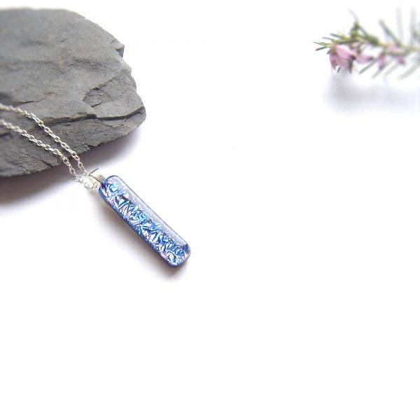 Blue Crinkled Dichroic Long Fused Glass Pendant