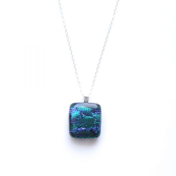 Blue and green waves dichroic fused glass pendant