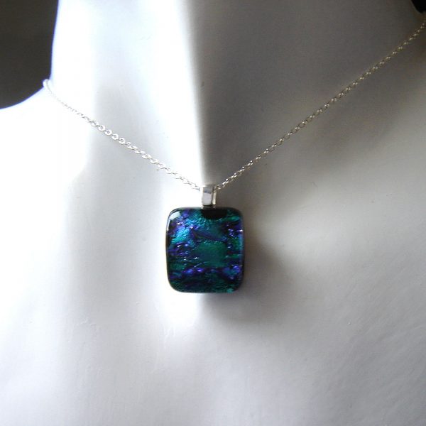 Blue and green waves dichroic fused glass pendant