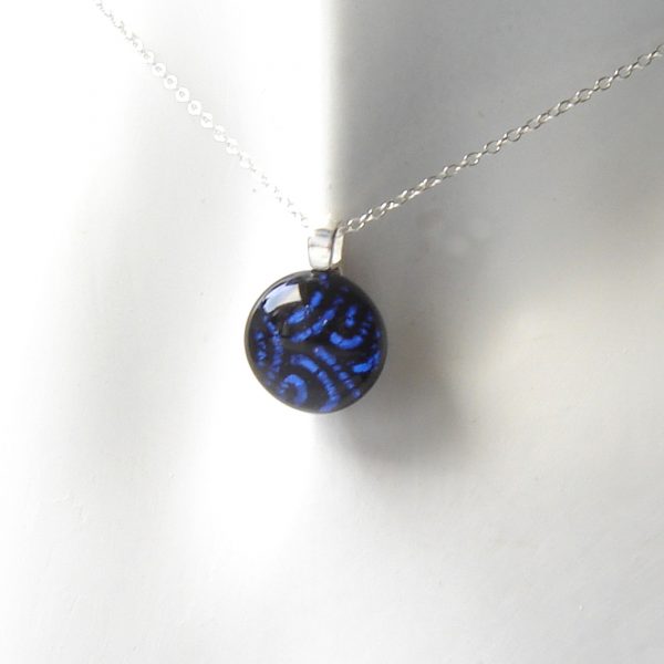 Blue Spirals Dichroic Fused Glass Necklace. Ladies small round pendant necklace handmade in swirl patterned glass.