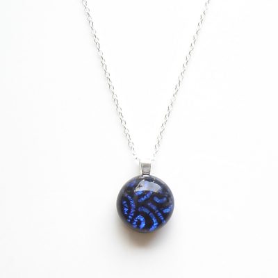 Blue Spirals Dichroic Fused Glass. Necklace. Ladies small round pendant necklace handmade in swirl patterned glass.