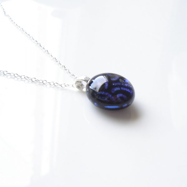 Blue Spirals Dichroic Fused Glass Necklace. Ladies small round pendant necklace handmade in swirl patterned glass.