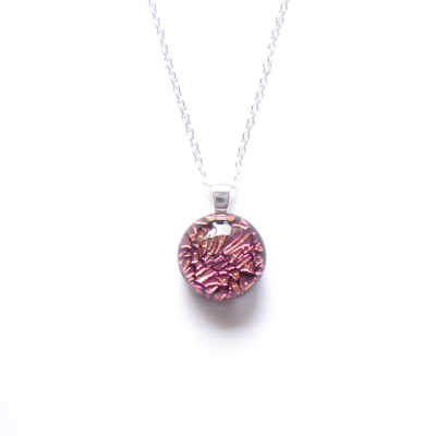 Small Cherry Pink Dichroic Necklace in fused glass in fused glass.