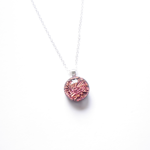 Small Cherry Pink Dichroic Necklace in fused glass in fused glass.