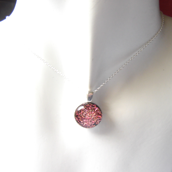 Cherry Pink Dichroic Necklace handmade in dichroic fused glass.