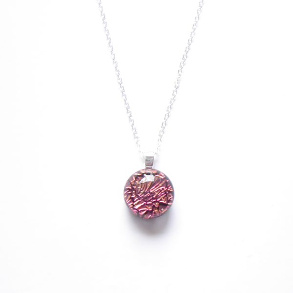 Small Cherry Pink Dichroic Necklace in fused glass.