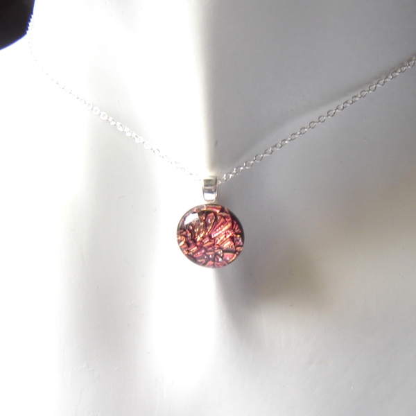 Small Cherry Pink Dichroic Necklace in fused glass infused glass.