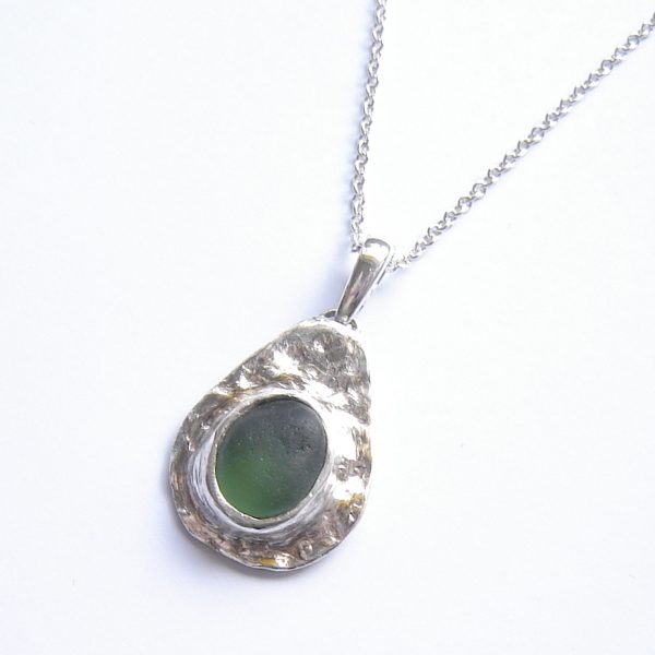 Green Sea Glass Silver Bezel Pendant