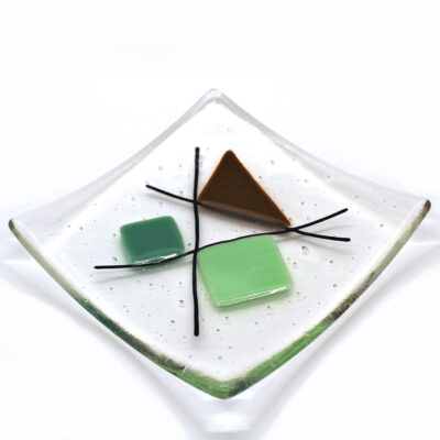 Geometric glass dish tan and mint greens on clear 5