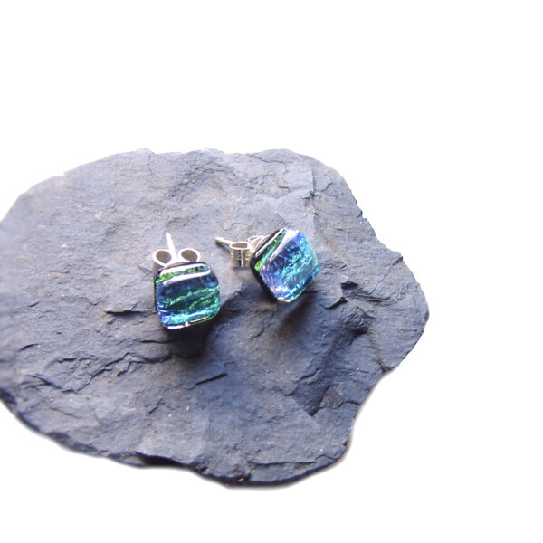 Green Leaf Dichroic Fused Glass Earrings. Leafy Green Dichroic Fused Glass Stud Earrings in bright green textured glass tinged with blue.