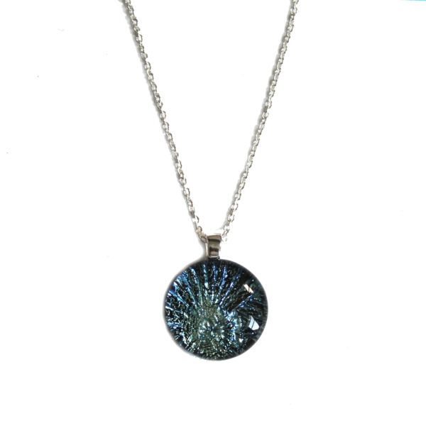 Ice Blue Dichroic Glass Necklace. Round pendant handmade in metallic,