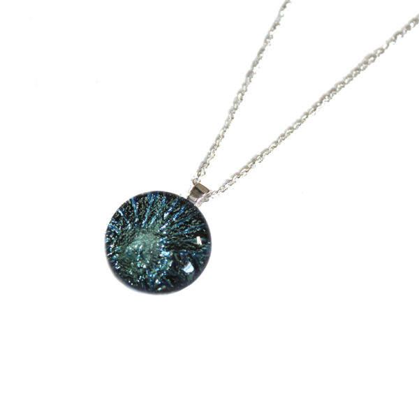 Ice Blue Dichroic Glass Necklace. Round pendant handmade in metallic,
