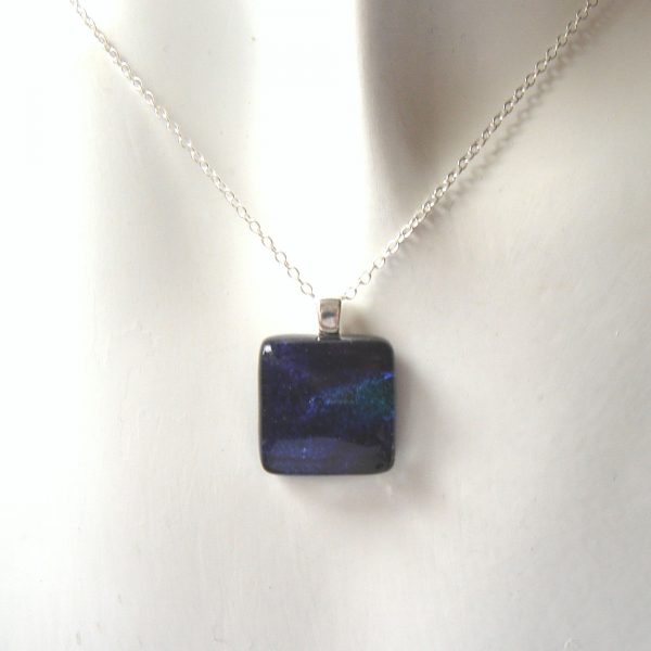 Northern Lights Fused Glass Pendant; iridescent blues necklace