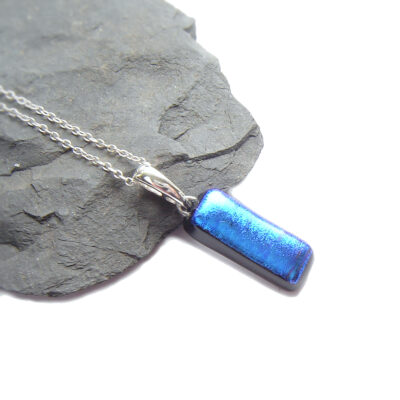 Midnight Blues Dichroic Necklace, small metallic blue necklace handmade in dichroic fused glass.