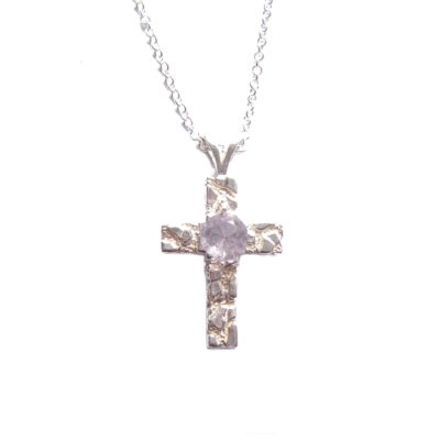 Natural Amethyst Sterling Silver Cross. Textured silver cross necklace set with handcrafted purple amethyst gemstone