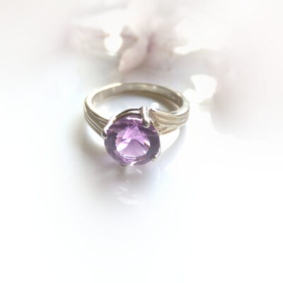 Ladies contemporary amethyst dress ring in sterling silver; handcrafted purple gemstone ring