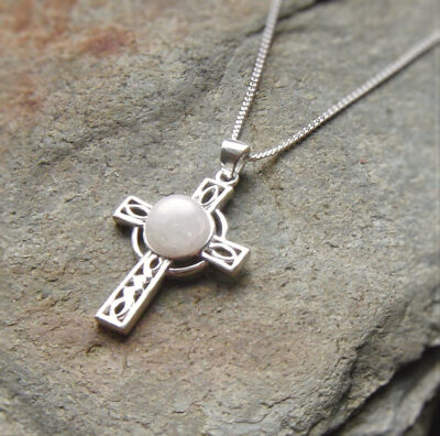 Natural White Quartz Celtic Cross Necklace. Celtic Cross Necklace in White British Quartz which has been hand collected on the Northumbrian coast. The quartz has been hand cut and finished here in the North East of England