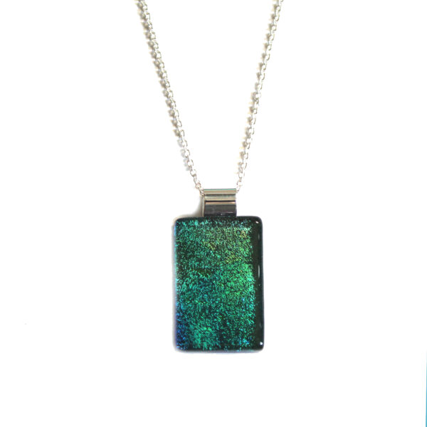 Northern Lights Rolled Bail Pendant handmade in iridescent blues dichroic fused glass.
