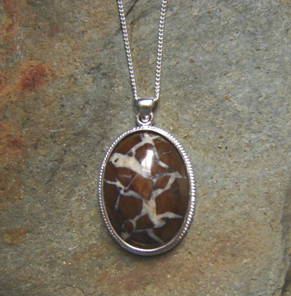 Brown Natural Stone Necklace with White Quartz Veins. Pendant necklace in a natural stone, which has been collected in the Northumbria region of England, Britain. Natural Stone Necklaces from Northumbria Gems.