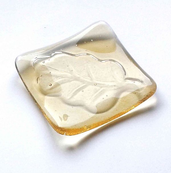 Amber Oak Leaf Glass Ring or Trinket Dish. This small jewellery or trinket bowl is handcrafted in light amber-coloured glass.