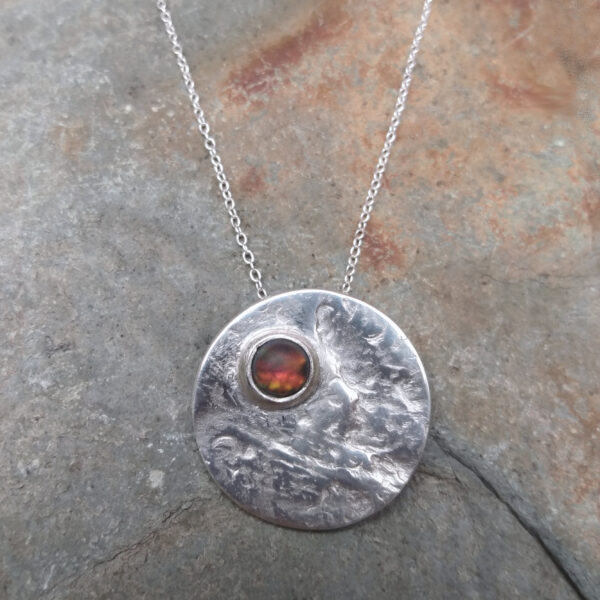 Sandy Beach Orange Silver Pendant, large round pendant handcrafted in recycled silver and dichroic fused glass. Handmade in England