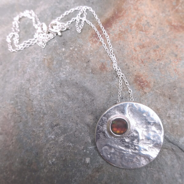 Sandy Beach Orange Silver Pendant, large round pendant handcrafted in recycled silver and dichroic fused glass. Handmade in England