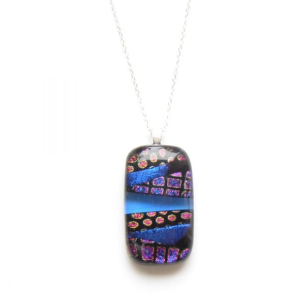 Modern Abstract Fused Glass Statement Pendant in dichroic patterns of pinks and blues