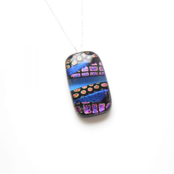 Modern Abstract Fused Glass Statement Pendant in dichroic patterns of pinks and blues