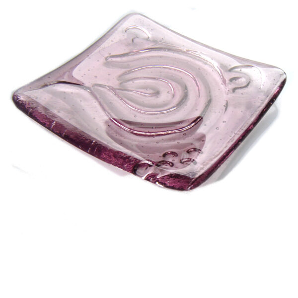 Rock Art Lilac Fused Glass Dish, small shallow bowl (4 inches square) handcrafted in art glass and kiln fused. Design inspired by Northumberland's ancient history. Made in England.