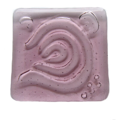 Rock Art Lilac Fused Glass Dish, small shallow bowl (4 inches square) handcrafted in art glass and kiln fused. Design inspired by Northumberland's ancient history. Made in England.