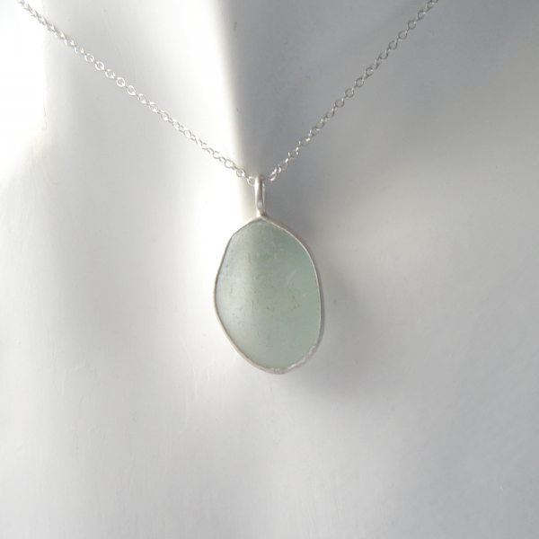 Sea Foam Sea Glass Bezel Pendant in English seaglass with a handcrafted silver bezel.