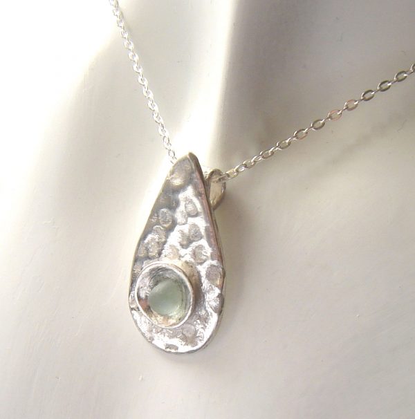 English Sea Glass Silver Teardrop Pendant, hammered effect pendant handmade in England.