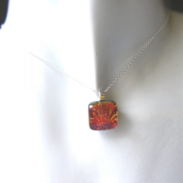 Sunburst Orange Fused Glass Necklace, Small Square Orange Dichroic Fused Glass Necklace
