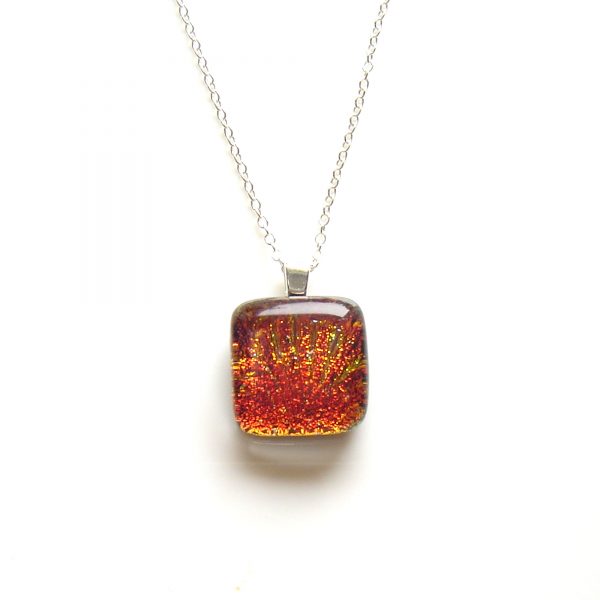 Sunburst Orange Fused Glass Necklace. Small Square Orange Dichroic Fused Glass Necklace