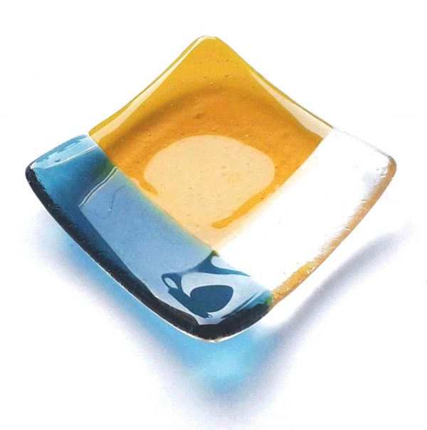 Teal and Amber Fused Glass Jewellery or Ring Dish