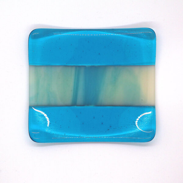 Turquoise glass dish with parallel sections. One of a kind glassware handcrafted in England at Northumbria Gems.