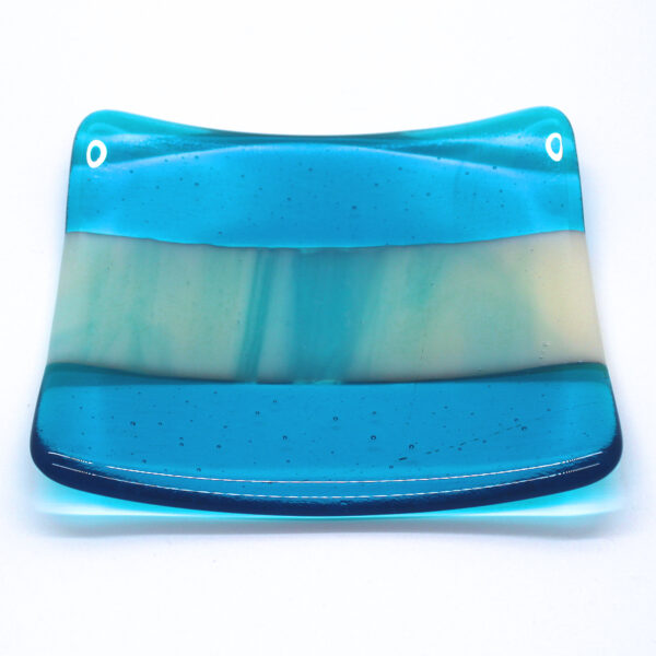 Turquoise glass dish with parallel sections. One of a kind glassware handcrafted in England at Northumbria Gems.