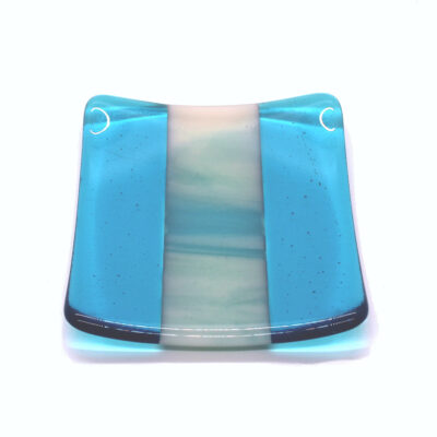 Turquoise glass dish with parallel sections. One of a kind glassware handcrafted in England at Northumbria Gems.